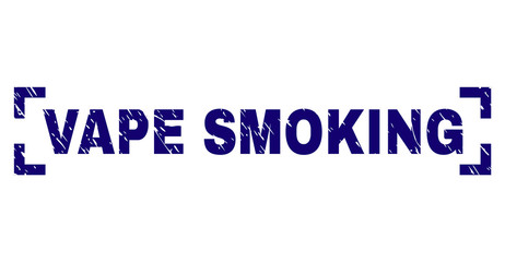 VAPE SMOKING text seal stamp with grunge texture. Text tag is placed inside corners. Blue vector rubber print of VAPE SMOKING with unclean texture.