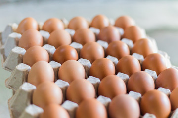 Top view of  eggs in the paper package with soft focus background