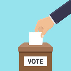 Voting concept flat design style, hands holding ballots, put ballots into the box