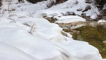 Alpine scene in the late winter. Mountain creek in the snowy forest.