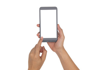 hand holding smartphone isolated on white.