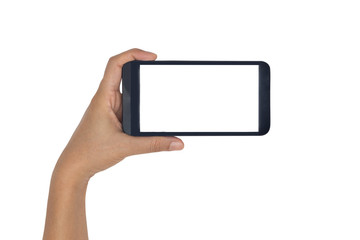 hand holding smartphone isolated on white.