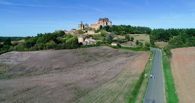 French village in aerial view, Monpazier France