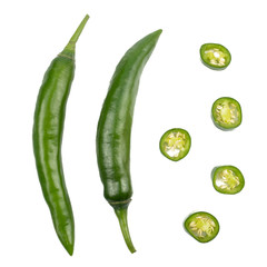 Fresh Green chili pepper with sliced isolated on white background, concept of vegetable ingredients in food.top view