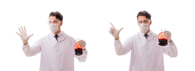 Doctor in blood donation concept isolated on white
