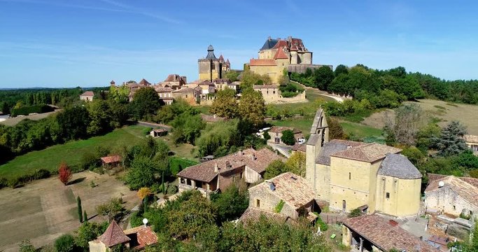 French village in aerial view, Monpazier France
