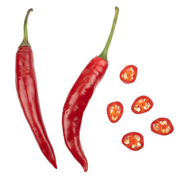 Fresh Red chili pepper with sliced isolated on white background, concept of vegetable ingredients in food.top view