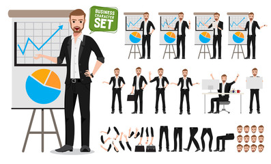Male business vector character set. Business man cartoon character creation talking  business presentation with different poses and hand gestures isolated in white. Vector illustration.
