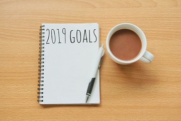 Top view of 2019 goals on notebook with  hot chocolate on wood table on white wall background,flay...