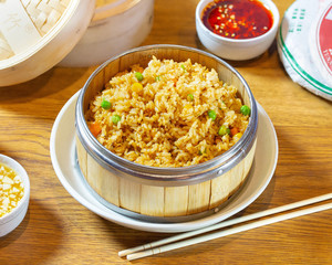 Chinese food on wooden table