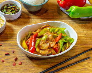 Chinese food on wooden table