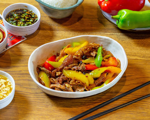 Chinese food on wooden table