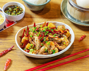 Chinese food on wooden table