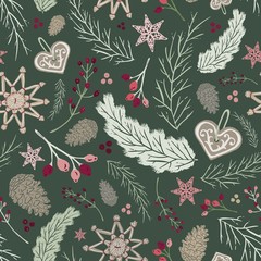 Seamless Vector Holiday Folk Floral - Straw Ornaments, Gingerbread, Pine Cones in Green, Pink & Plum