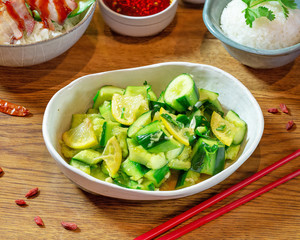 Chinese food on wooden table