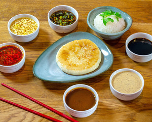 Chinese food on wooden table