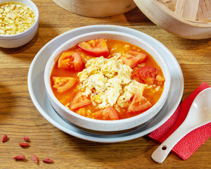 Chinese food on wooden table