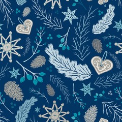 Seamless Vector Holiday Folk Floral with Straw Ornaments, Gingerbread, Pine Cones in Tan, Blue, Teal