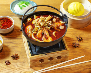 Chinese food on wooden table