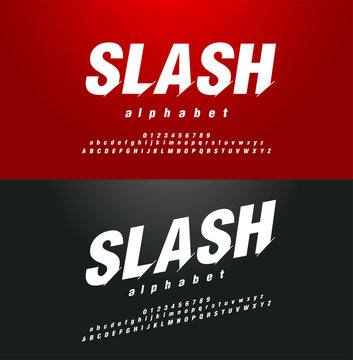 Modern abstract font alphabet numbers italic set. Technology and sport split, slash, cut design concept. vector illustration