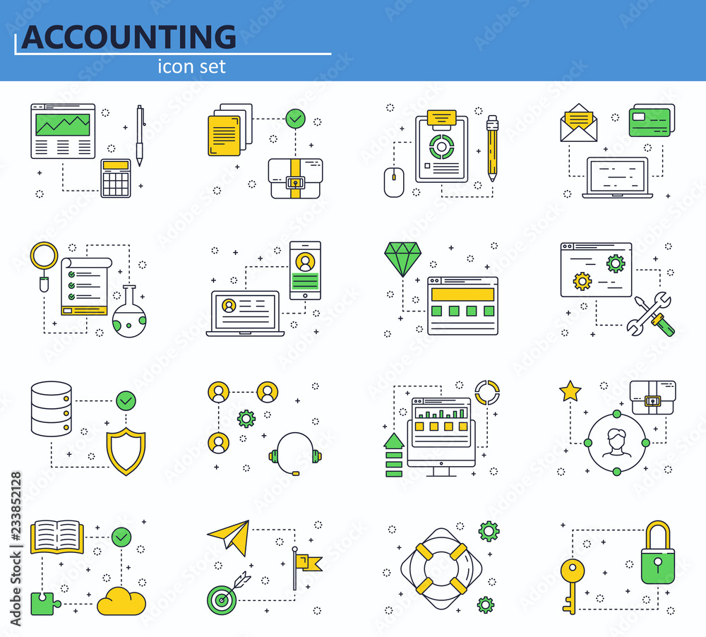 Poster vector set of business, finance and technology development icons in thin line style. website ui and 