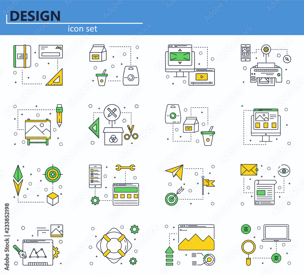 Poster vector set of computer, business, office and design icons in thin line style. website ui and mobile 