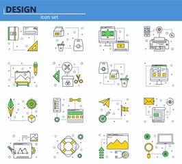 Vector set of computer, business, office and design icons in thin line style. Website UI and mobile web app icon. Outline design illustration.