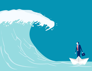 Businessman find barriers to success. Concept business vector illustration, Paper boat, Tsunami Wave, Challenge.