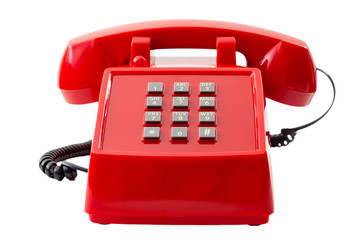 Vintage telecommunication technology and retro household items concept with a red push button...