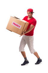 Handsome contractor holding fragile box isolated on white 