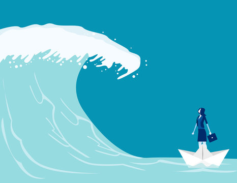 Businesswoman Find Barriers To Success. Concept Business Vector Illustration, Paper Boat, Tsunami Wave, Challenge.