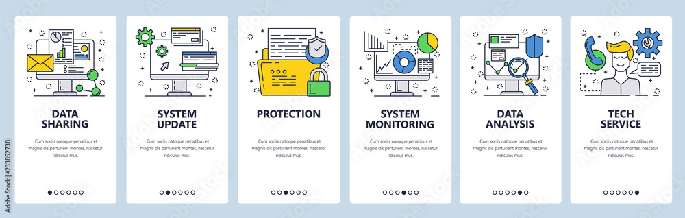 Poster vector web site linear art onboarding screens template. computer services data update, analysis and 