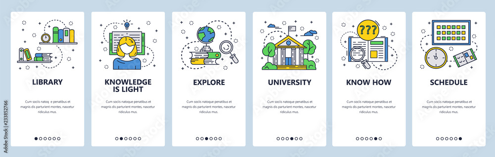 Poster vector web site linear art onboarding screens template. education and knowledge. university college 