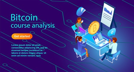 A meeting of people who discuss the exchange rate. The growth of Bitcoin, the expansion of power, new technologies. Vector illustration for news, project, startup and investment in the future. 