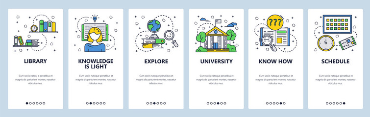 Vector web site linear art onboarding screens template. Education and knowledge. University college building, library, books. Menu banners for website and mobile app development. Modern design flat