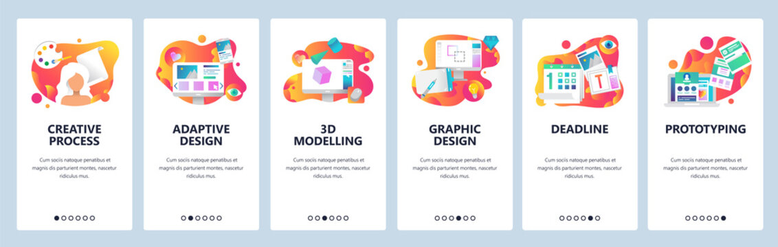 Vector web site onboarding screens gradient template. Graphic design, prototyping, creative artist and 3d modelling. Menu banners for website and mobile app development. Modern design flat