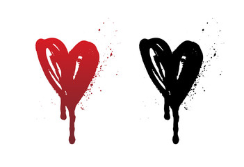 Dripping blood or red heart brush stroke isolated on white background. Hand drawn black grunge heart. Halloween concept, ink splatter illustration.
