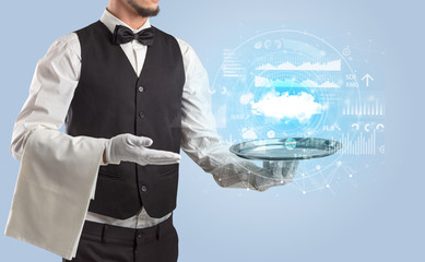 Elegant young waiter serving cloud technology concept
