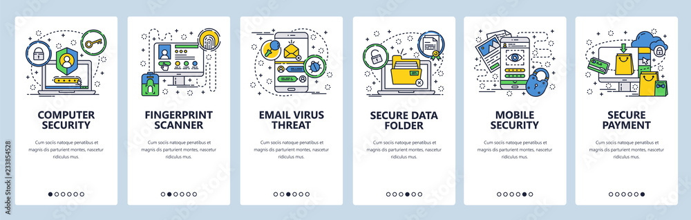 Poster Vector web site linear art onboarding screens template. Cyber security and computer encryption. Secure login, data protection and fingerprint access. Menu banners for website and mobile app