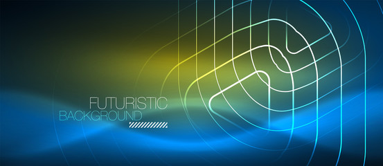 Neon glowing techno lines, hi-tech futuristic abstract background template with geometric shapes