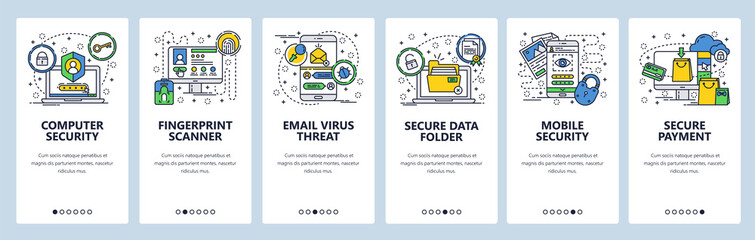Vector web site linear art onboarding screens template. Cyber security and computer encryption. Secure login, data protection and fingerprint access. Menu banners for website and mobile app