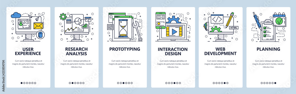 Poster vector web site linear art onboarding screens template. user experience, prototyping and web develop