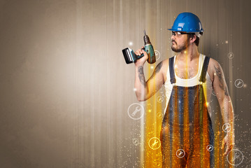 Manual worker with wrench symbols and tool.