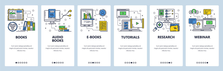 Vector web site linear art onboarding screens template. Electronic books, audio book and online tutorials. Menu banners for website and mobile app development. Modern design flat illustration.