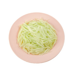 Chopped green raw papaya or Shredded papaya for papaya salad cooking isolated on white background