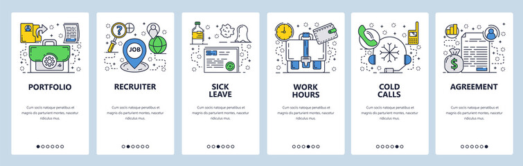 Vector web site linear art onboarding screens template. Working hours, job recruiter, sick leave and cold calls. Menu banners for website and mobile app development. Modern design flat illustration.