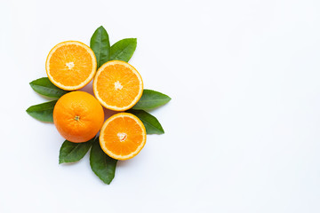 Fototapeta na wymiar Fresh orange citrus fruit with leaves isolated on white background. Top view, Copy space