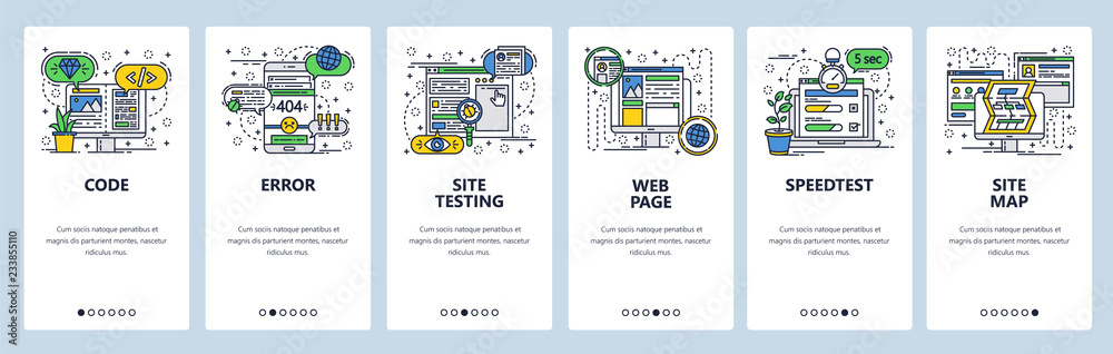 Poster vector web site linear art onboarding screens template. web development, coding and testing, sitemap