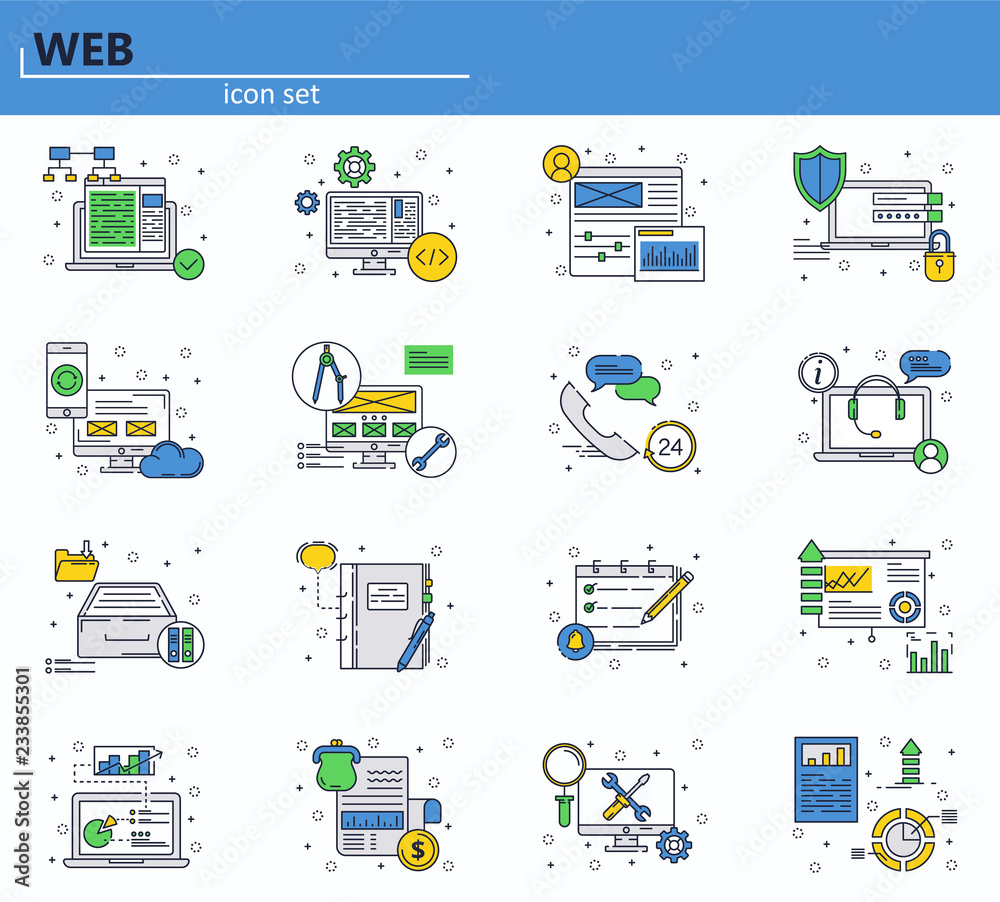 Wall mural vector set of web development and office icons in thin line style. website ui and mobile web app ico
