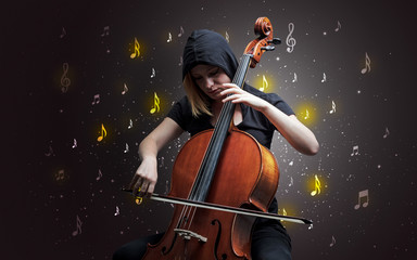 Young cellist with falling musical notes wallpaper and classical concept